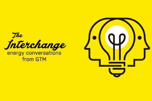 The Interchange logo with two heads and a light bulb and the slogan "energy conversations from GTM"
